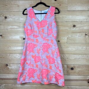 Antonio Melani Pink Orange Floral Dress Fit & Flare Sleeveless V Neck Size 6